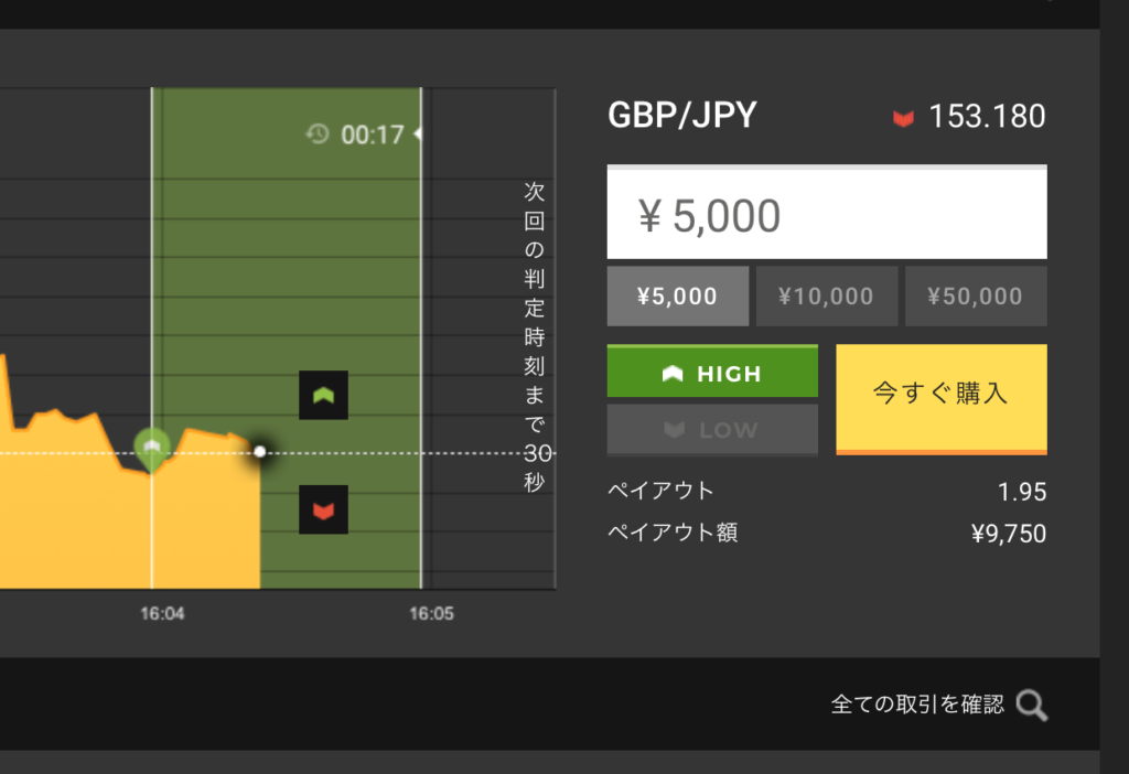 ハイローマイページ・取引画面